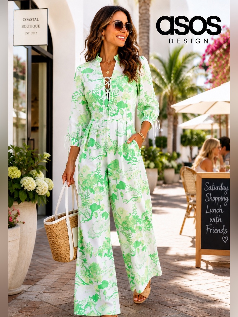 NWT, ASOS,Green/White,Toile,Wide-Leg Cocktail Jumpsuit,Lace-Up Neck, SIZE 12